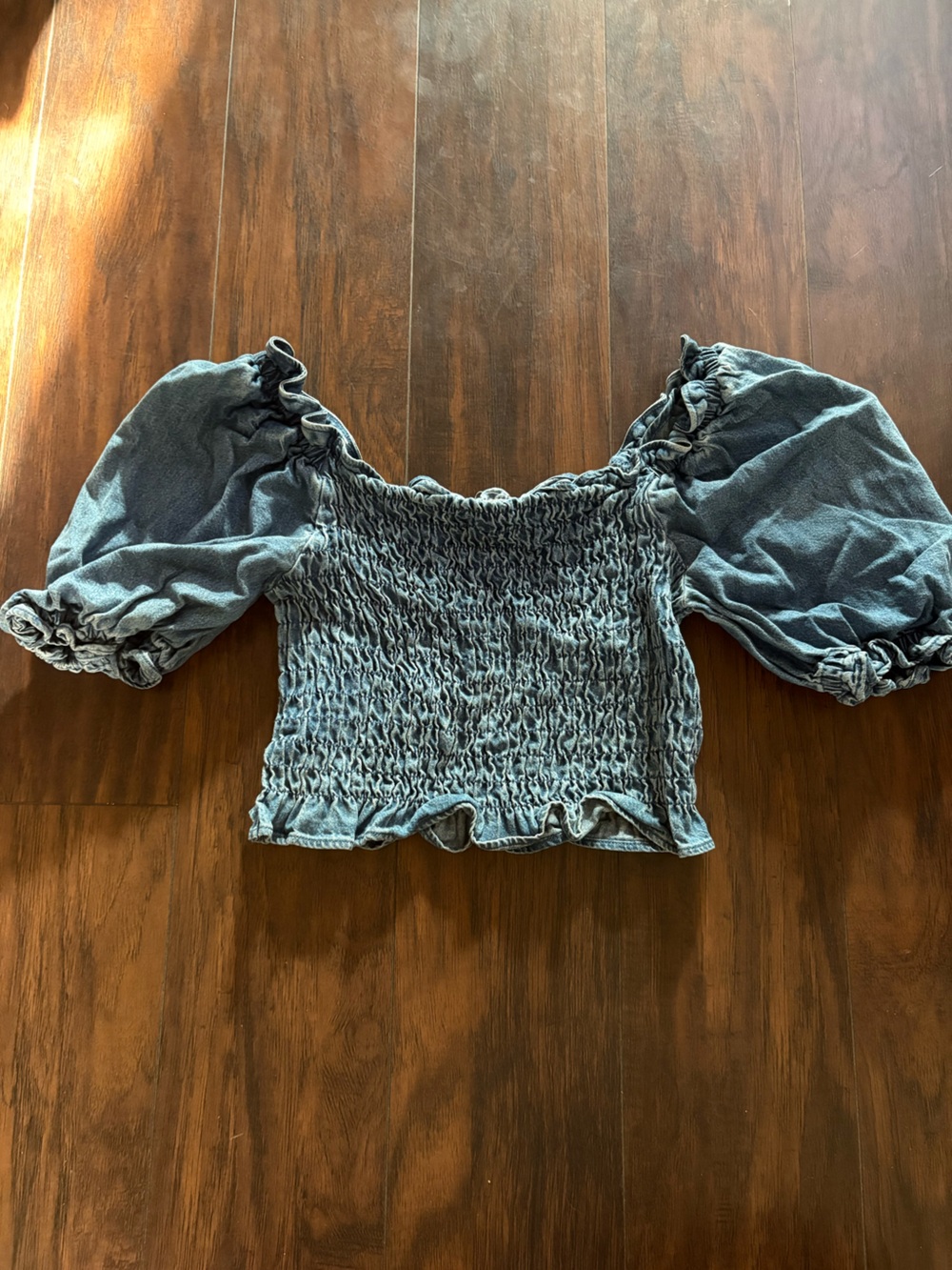 Levi's Denim-Look Smocked Off-Shoulder Crop Top - Blue